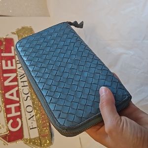 Bottega Veneta Blue Intrecciato Leather Zip Around Wallet